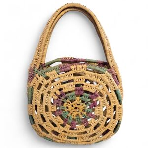 Woven Round Straw Shoulder Bag in Natural with Pink & Green Accents